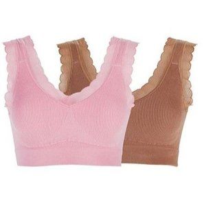 Rhonda Shear 2pk "Forever Stretch" Ahh Ribbed Knit Bra w/ Lace Trim 764-481 1X S